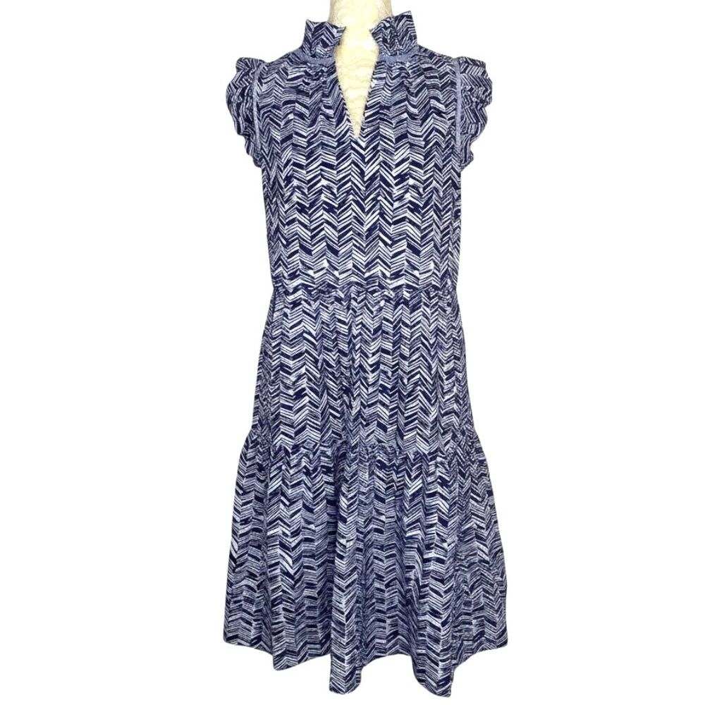 Sara Campbell Dress Ruffle Tiered Split Neck Geometric Pleated Blue M NWOT